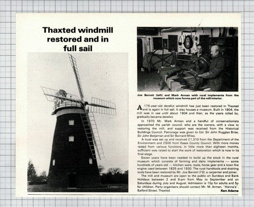 Thaxted Windmill Museum Essex  Joe Barrett   Mark Arman - 1979 Clipping