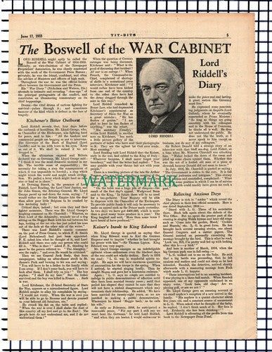 X1500) Lord Riddell - 1933 Article
