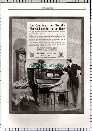 The Orchestrelle Co Aeolian Hall London Pianola Advert - 1913 News Page / Print