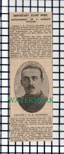 C7131) Captain JR Montague Stanfield Glamorgan Fortress Cardiff -  1916 Cutting