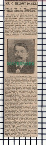 C7177) Mr C Meudwy Davies Welsh Composer Death Llanelly Wales - 1916 Cutting