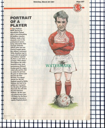 Gary Pallister Footballer Manchester United Middlesbrough  - 1991 Cutting