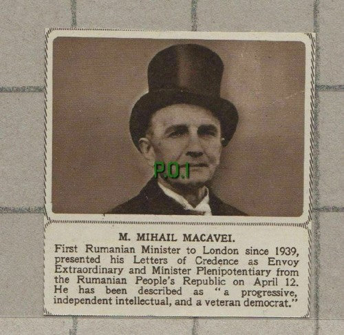 C1494) M Mihail Macavel Rumanian Minister - 1948 Clip SMALL!!