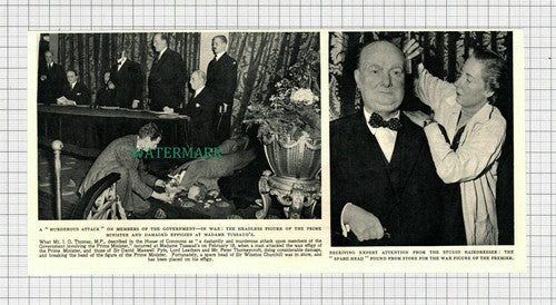C2491) Madame Tussaud's Wax Winston Churchill & Government Attacked - 1954 Clip