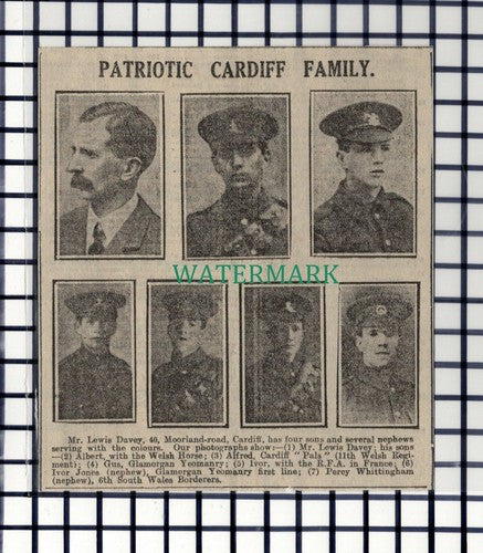 C7202)  Mr Lewis Davey Cardiff Albert Alfred Gus Ivor Jones Wales - 1916 Cutting