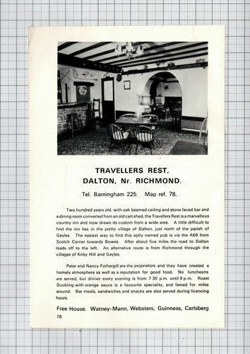 Three Tuns Thirsk / Travellers Rest Dalton Peter & Nancy Fothergill 1970s Advert