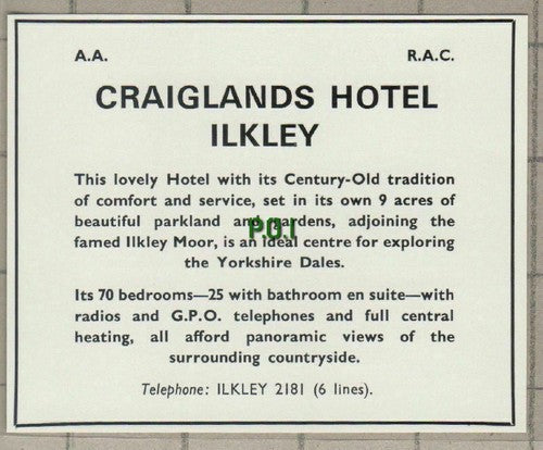 (C543) Craiglands Hotel Ilkley  - c.1960s Advert Cutting