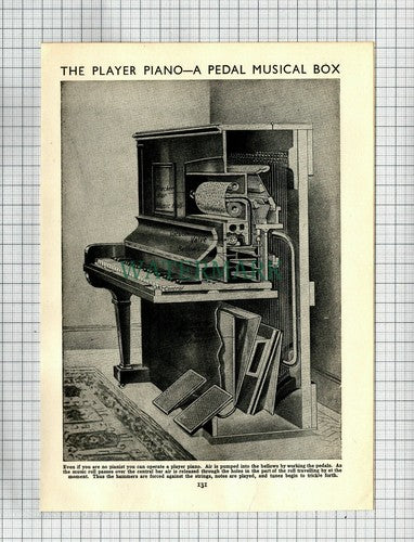 (7393) How A  Player Piano Works / Vacuum Cleaner  - 1936 Print / Cutting