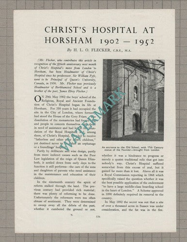 Christ's Hospital  Horsham 1902-1952  HLO Flecker -  1952 Article