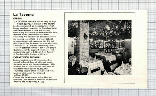 La Taverna Restaurant Epping Essex  -   1971 Advert