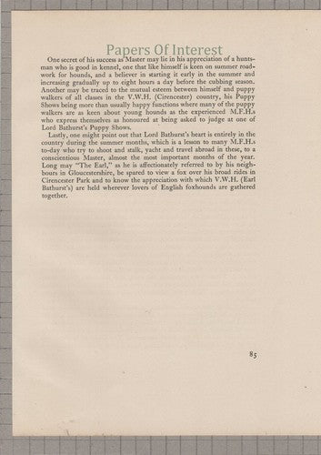 Earl Bathurst Hunt Foxhunting Vale Of The White Horse VWH -  c.1930s Article