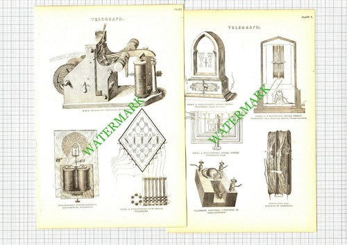 Telegraph Cooke & Wheatstone's Morse  - 19th Century Book Prints X 2