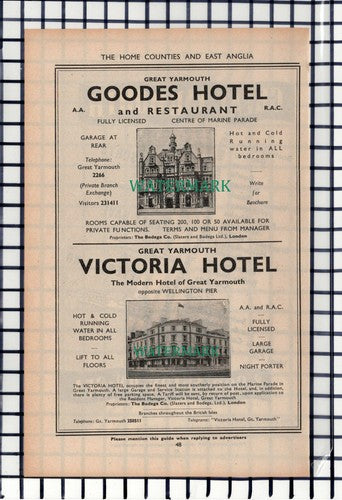 C6960) Goodes Hotel Great Yarmouth Victoria Hotel Advert - 1952 Cutting