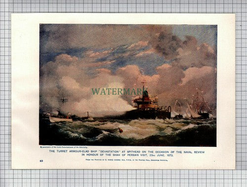 Ship DEVASTATION  Spithead Shah of Persia Wake Cooke - c.1910 Print