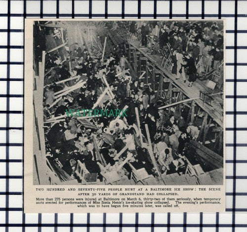 C6683) Baltimore Ice Show Miss Sonia Henie Grandstand Collapse -  1952 Cutting