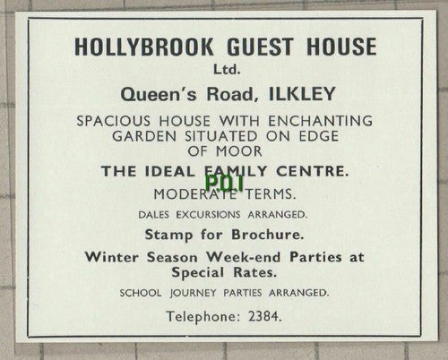 (C542) Hollybrook Guest House Queen's Road Ilkley  - c.1960s Advert Cutting