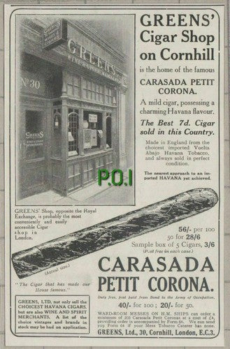C711) Greens Cigar Shop Cornhill London / Palmer Tyres - 1919 Advert