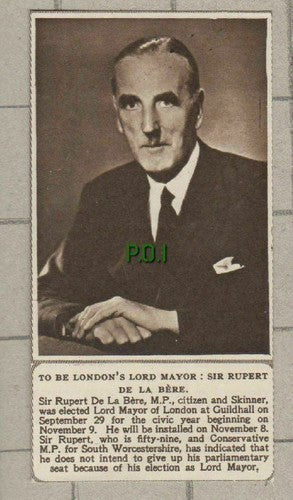 Sir Rupert De La Bere Lord Mayor of London  - 1952 Small News Clipping