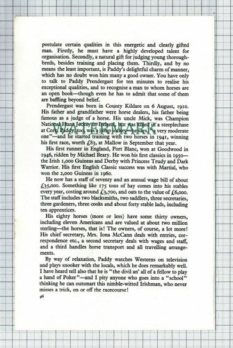 C7573) PADDY PRENDERGAST  Horse Racing   - 1965 Article