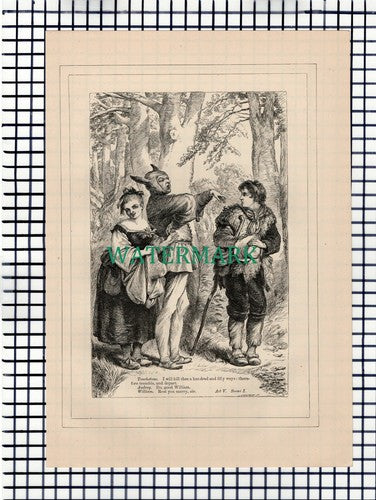 X1606) As You Like It  Touchstone Audrey  - c.1880 Shakespeare Book Print