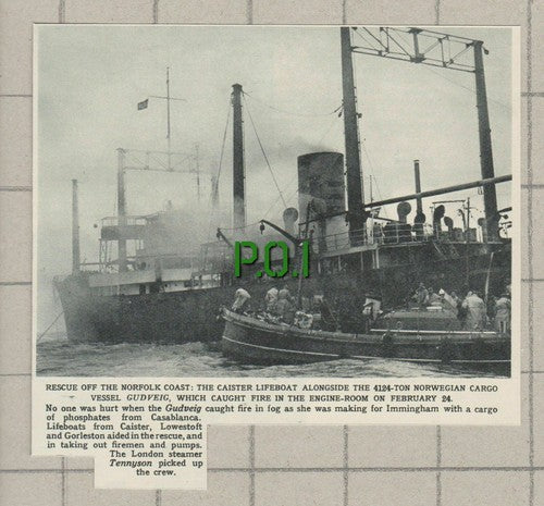 Caistor Norfolk Lifeboat Norwegian Ship GUDVEIG On Fire  - 1961 News Clipping