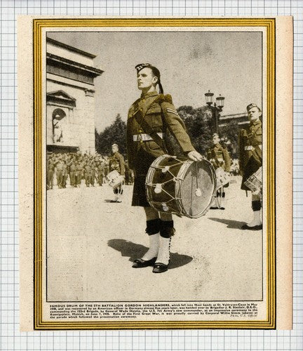 5th Battalion Gordon Highlanders Corp Willie Simm Drum - 1945 Clipping