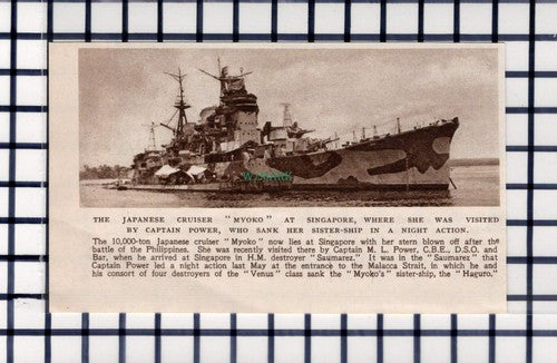 C6196) Japanese Cruiser MYOKO Singapore Captain Power SAUMAREZ - 1945 Cutting