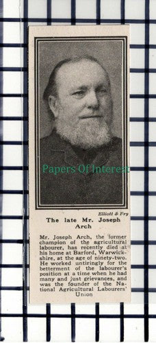 C6024) Mr Joseph Arch Barford Warwickshire Obituary - 1919 SMALL Cutting