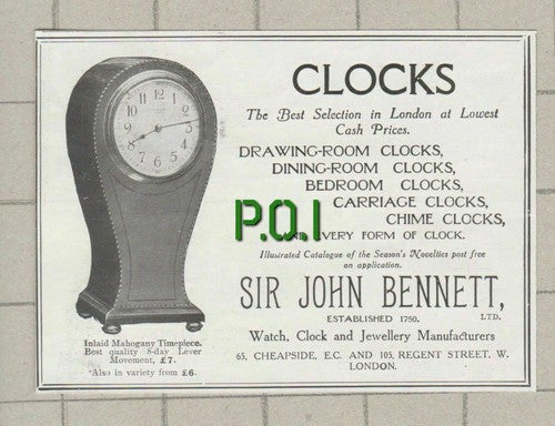 (5215) Sir John Bennett Clocks Advert   - 1920 Clip