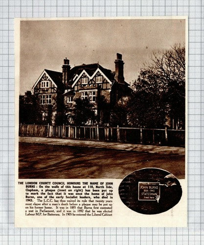 John Burns Plaque 110 North Side Clapham London -  1950 News Clipping