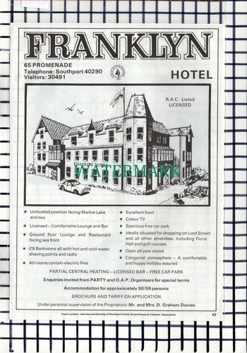 C7156) The Waverley Hotel Southport Shacklady / Franklyn Davies    -1979 Advert