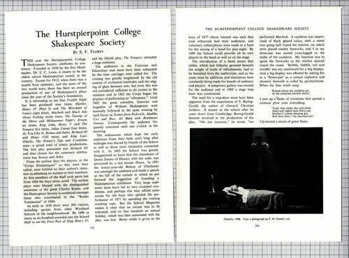 Hurstpierpoint College Shakespeare Society Rev RC Howard SF Florey -1954 Article