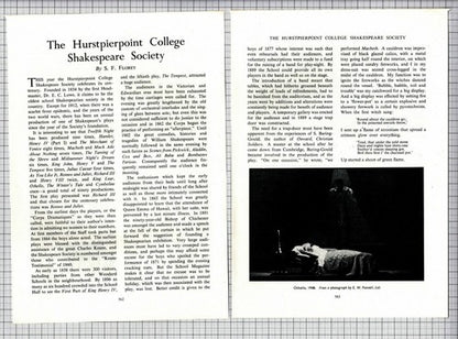 Hurstpierpoint College Shakespeare Society Rev RC Howard SF Florey -1954 Article