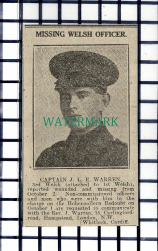 C7215) Captain JLE Warren 3rd Welsh WW1 Missing Hohenzollern   - 1916 Cutting