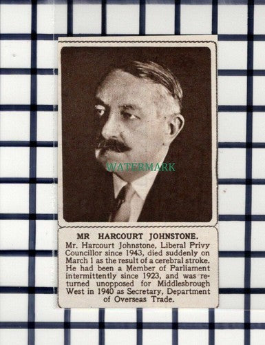 C6312) Mr Harcourt Johnstone Obituary - 1945 Cutting