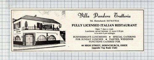 Villa Pandora Trattoria Hornchurch Essex- 1977 Advert
