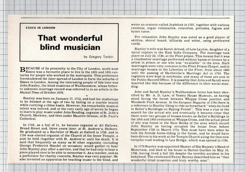 John Stanley Blind Musician Walthamstow - 1977 Clipping