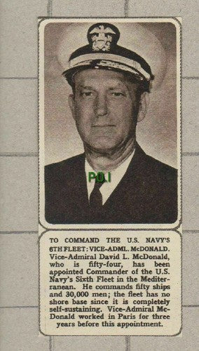 Vice Admiral David McDonald US Navy 6th Fleet   -  1961 SMALL News Clipping