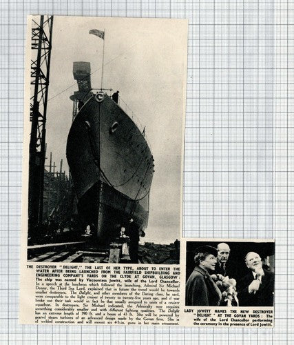 Destroyer Ship DELIGHT Lady Jowitt Govan Fairfield Yards Glasgow -  1951 Cutting