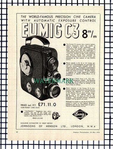 (7102) PAPER ITEM!!  Eumig  / Agiflash Camera ADVERT - 1954 CUTTING