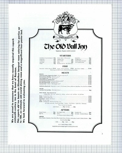 (5787) The Old Bull Inn Royston Menu Taurus Hotels - 1971 Cutting