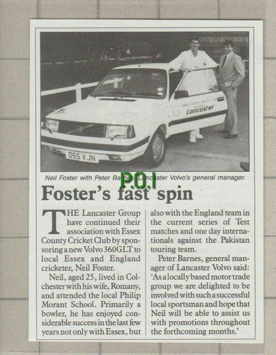 (C594) Neil Foster Cricketer Romany Peter Barnes Lancaster Volvo   1987 Cutting