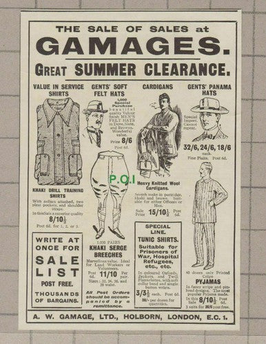C1822) Gamages Sale Wartime Advert  -1918 Clip