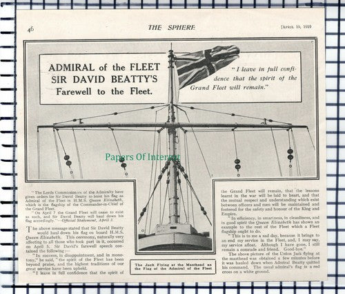 (6745) Sir David Beatty Admiral Of The Fleet Farewell  - 1919 Cutting