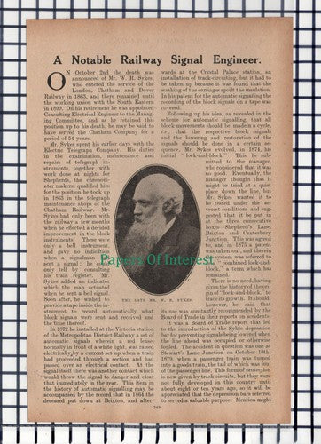(6662) Mr W R Sykes London Chatham & Dover Railway Engineer - c.1917 Article