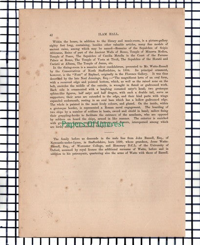 (6698) Ham Hall Staffordshire - c.1880 Print & Article  - Marks Are Present!