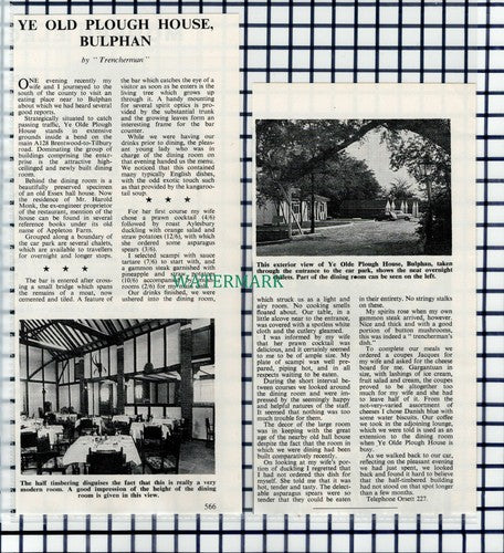 Ye Old Plough House Bulphan Essex - 1964 Two-Part Cutting / Print