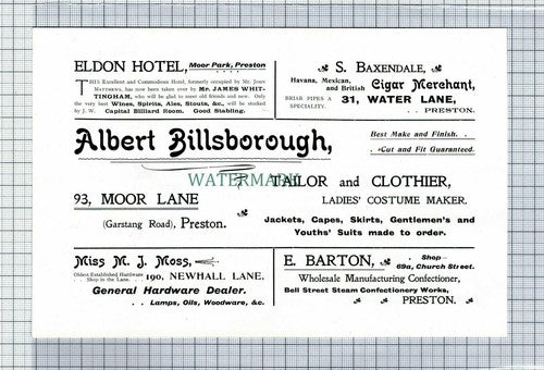 C7420) PRESTON Albert Billsborough Tailor Advert  - 1902 Cutting