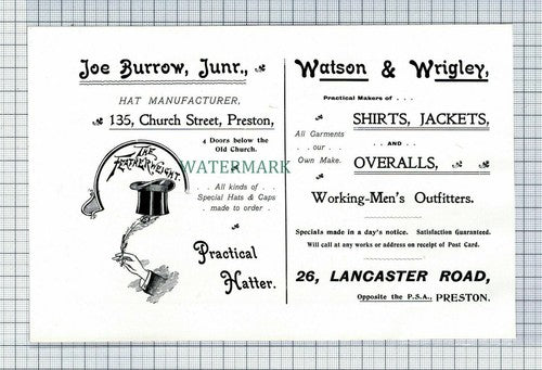C7441) Joe Burrow Hatter Watson & Wrigley PRESTON Advert  - 1902 Cutting