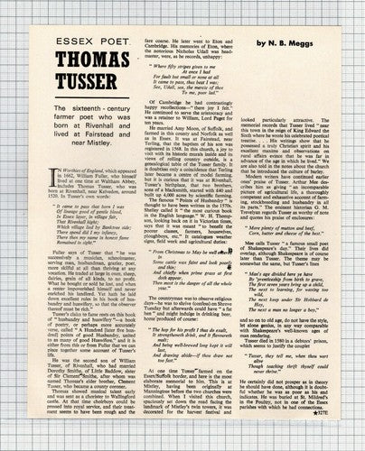 Thomas Tusser Poet Rivenhall Essex Fairstead - 1972 Article / Print